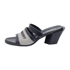 Burberry Grey/Black Canvas and Leather Honour Heel Slide Sandals Size 38