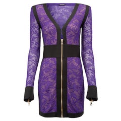 Balmain Women's Purple Lace V-Neck Zip Up Dress