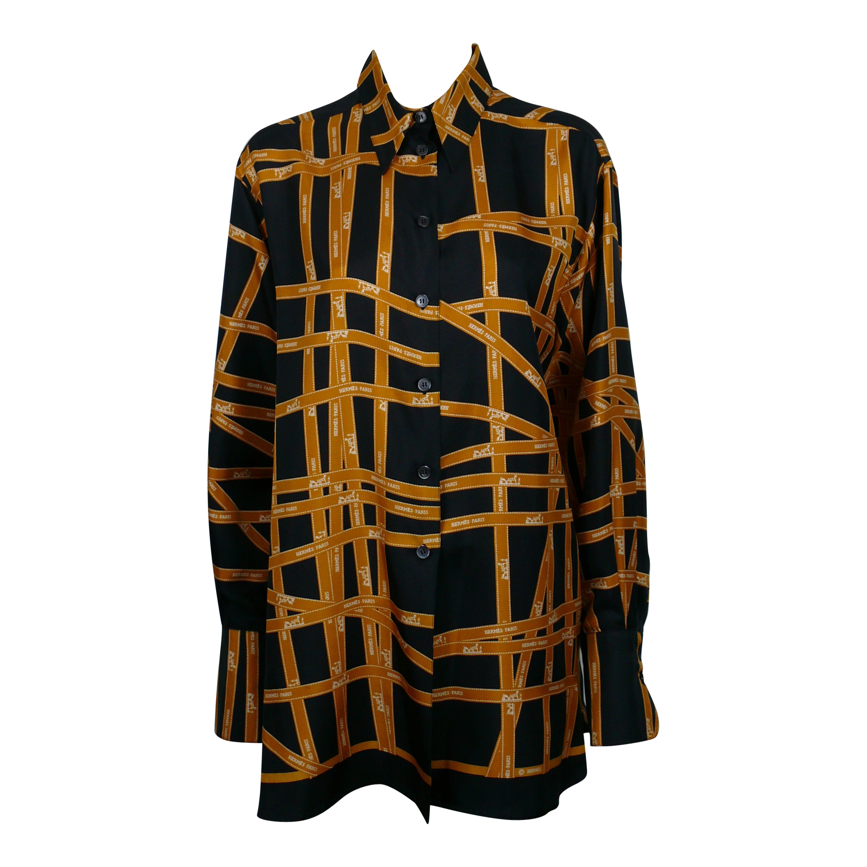 HERMES Vintage Iconic Bolduc Print Silk Shirt Blouse For Sale