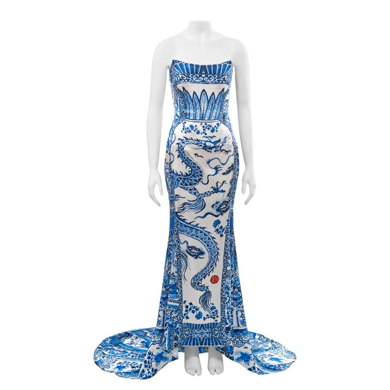 Roberto Cavalli ming porcelain printed silk corseted evening dress, fw
