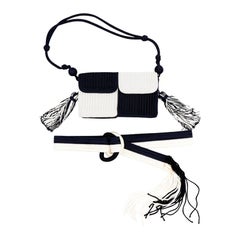 Yves Saint Laurent Vintage Black & White Bag w/ Tassels & Matching Fringe Belt