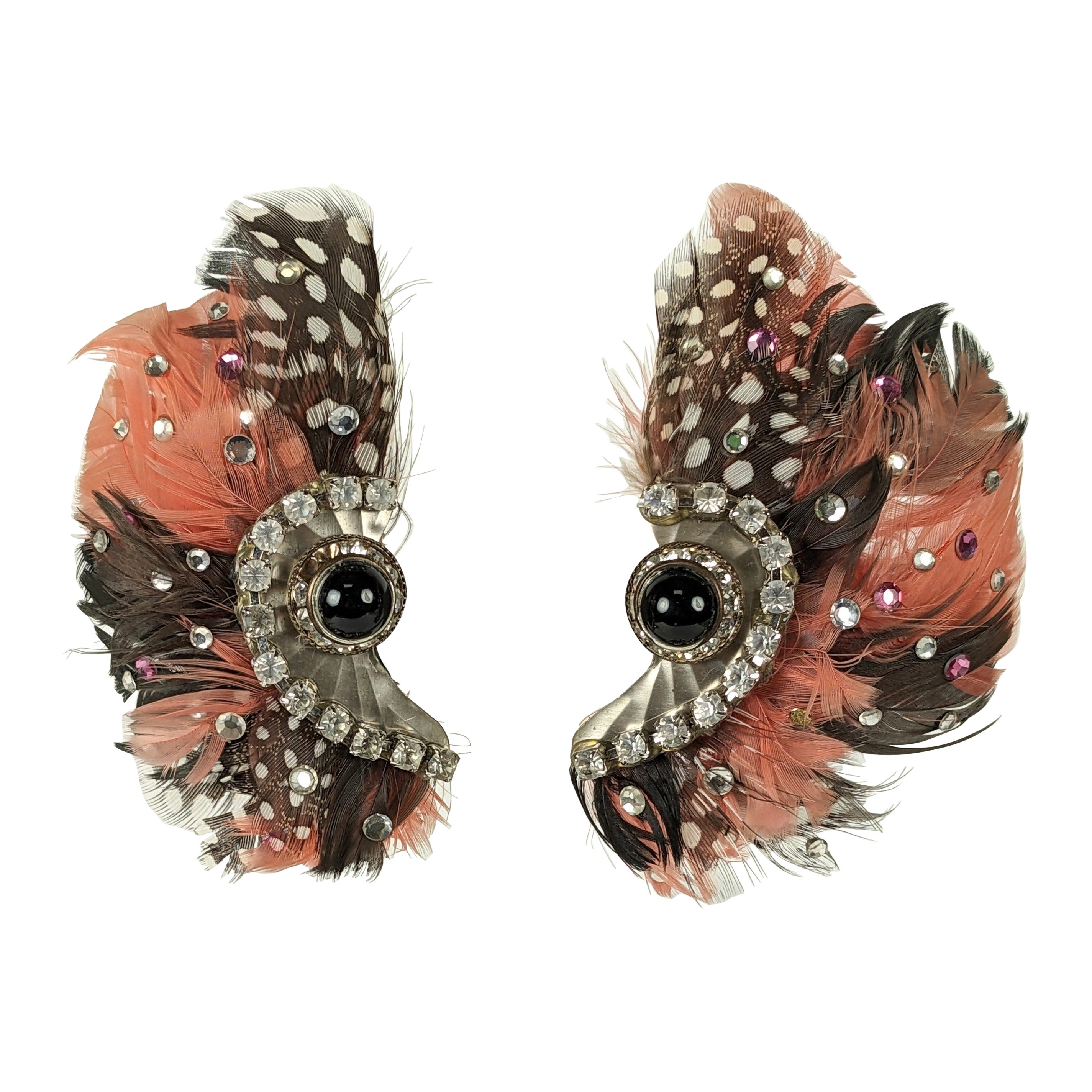Dramatic Feather and Paste Clip Earrings For Sale