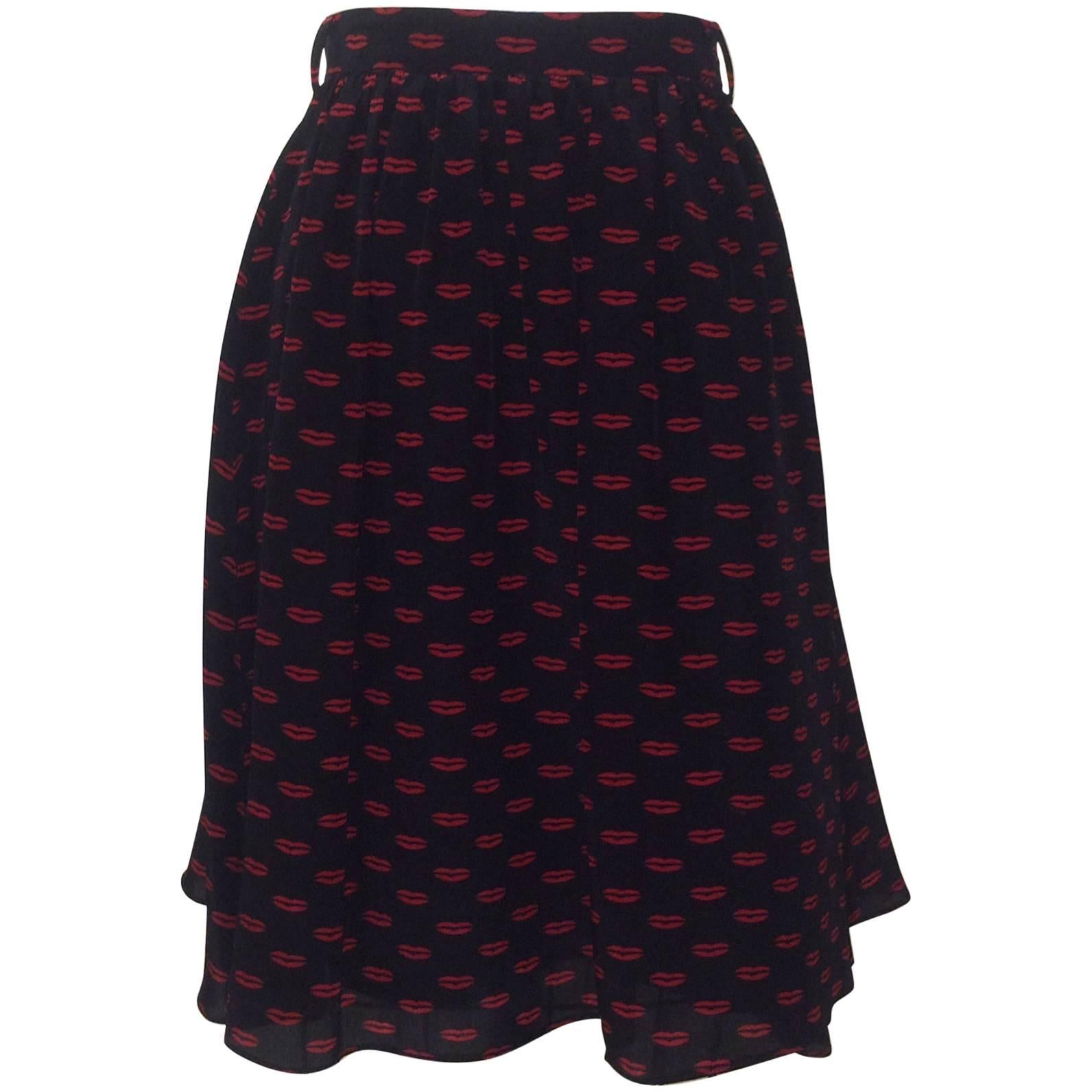 Prada Black and Red Lip Print Silk Skirt