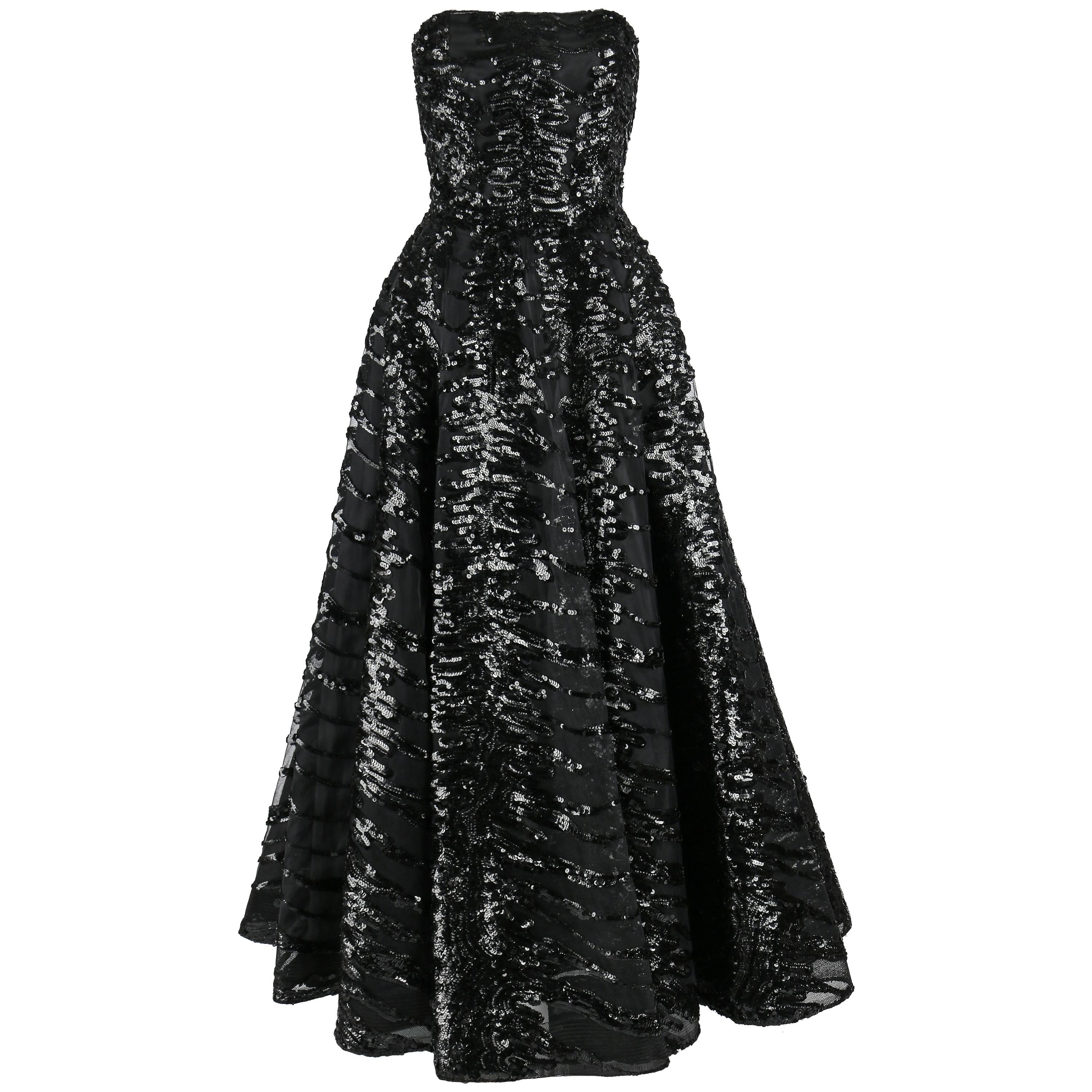 HAUTE COUTURE 1950s Black Sequin Ball Gown Evening Theater Opera Party Dress For Sale