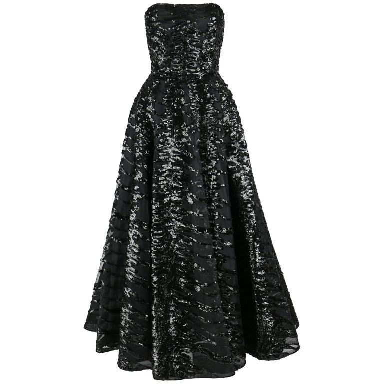 Haute Couture 1950s Black Sequin Ball Gown Evening Theater Opera Party Dress