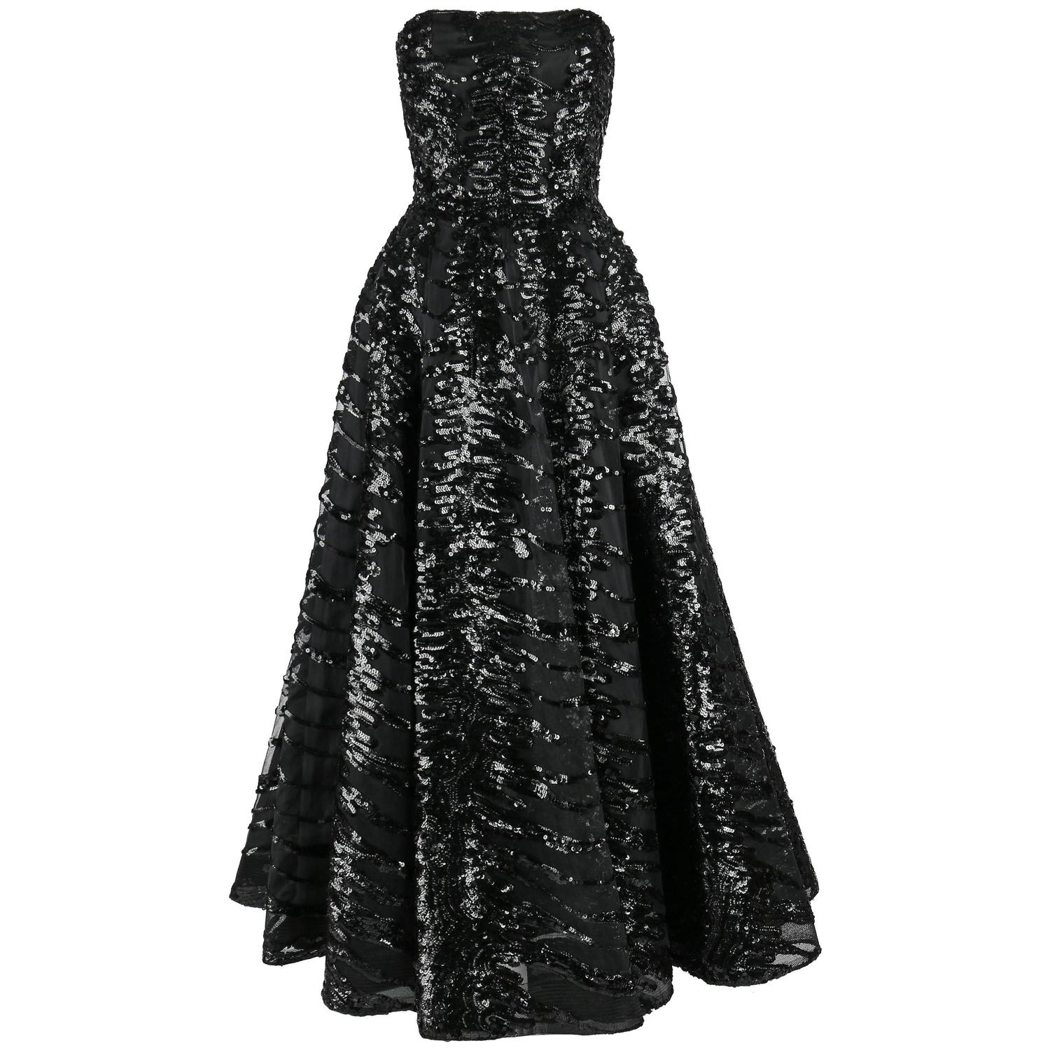 HAUTE COUTURE 1950s Black Sequin Ball Gown Evening Theater Opera Party ...
