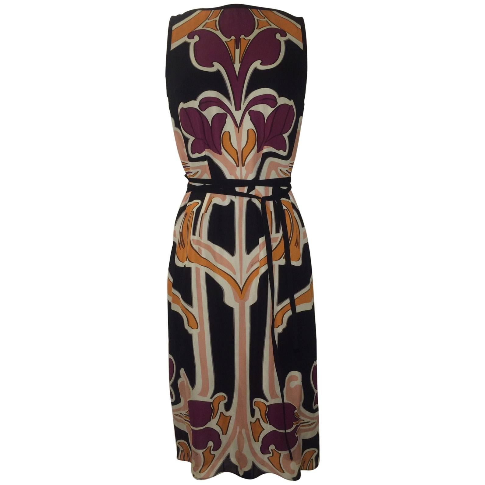 New 2014 Gucci Art Nouveau Erte Floral Print Black and Multi Silk Shift Dress