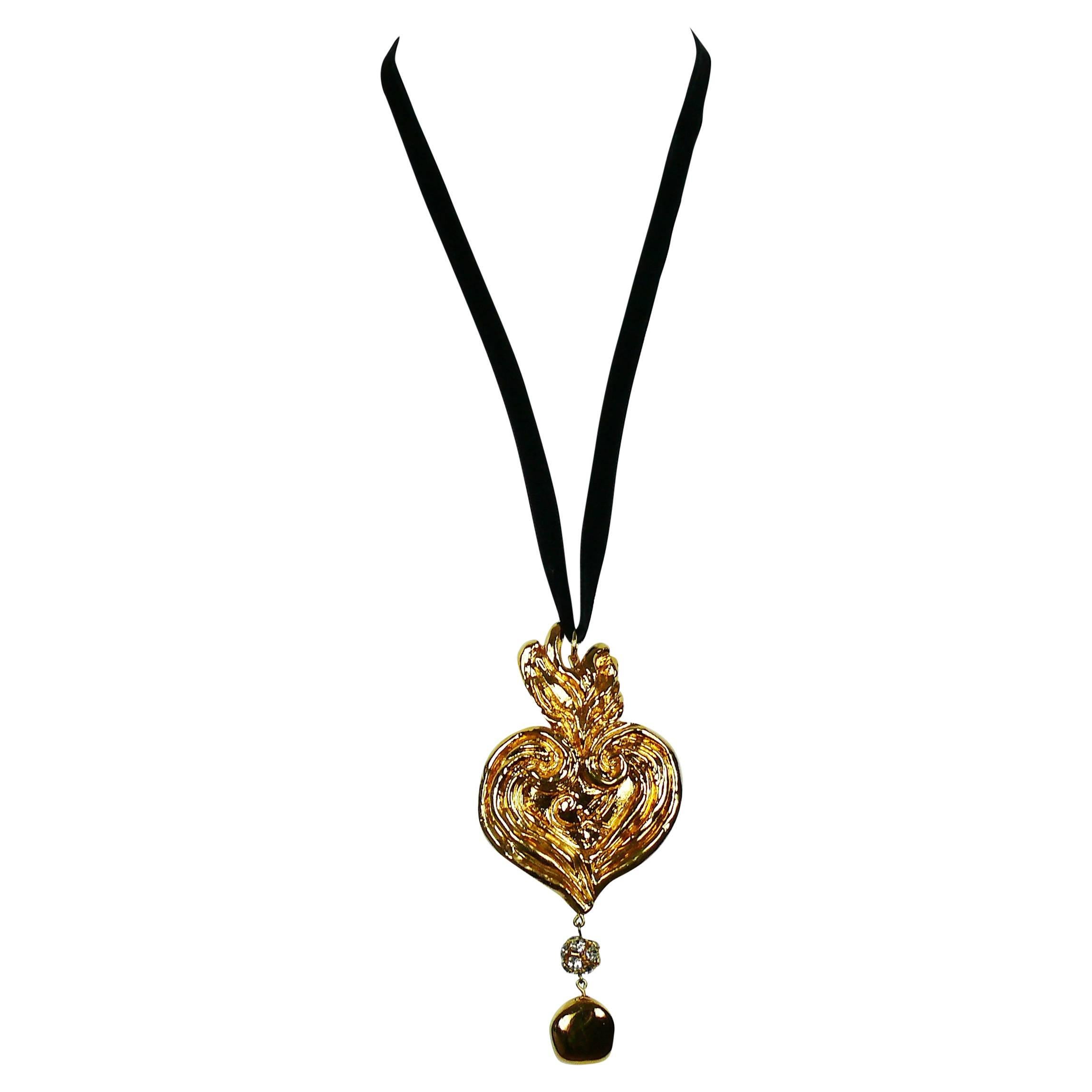 Christian Lacroix Vintage Massive Gold Tone Baroque Heart Pendant Necklace