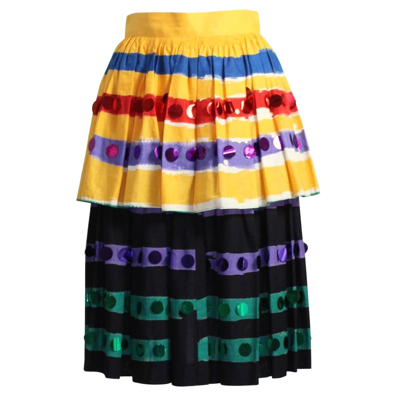  1980s Michaele Vollbrach Colorful Cotton Layered Gypsy Pheasant Skirt  For Sale