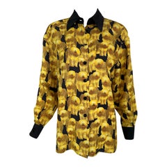 Escada Shaggy Dog Print Yellow & Black Silk Blouse 1990s  36