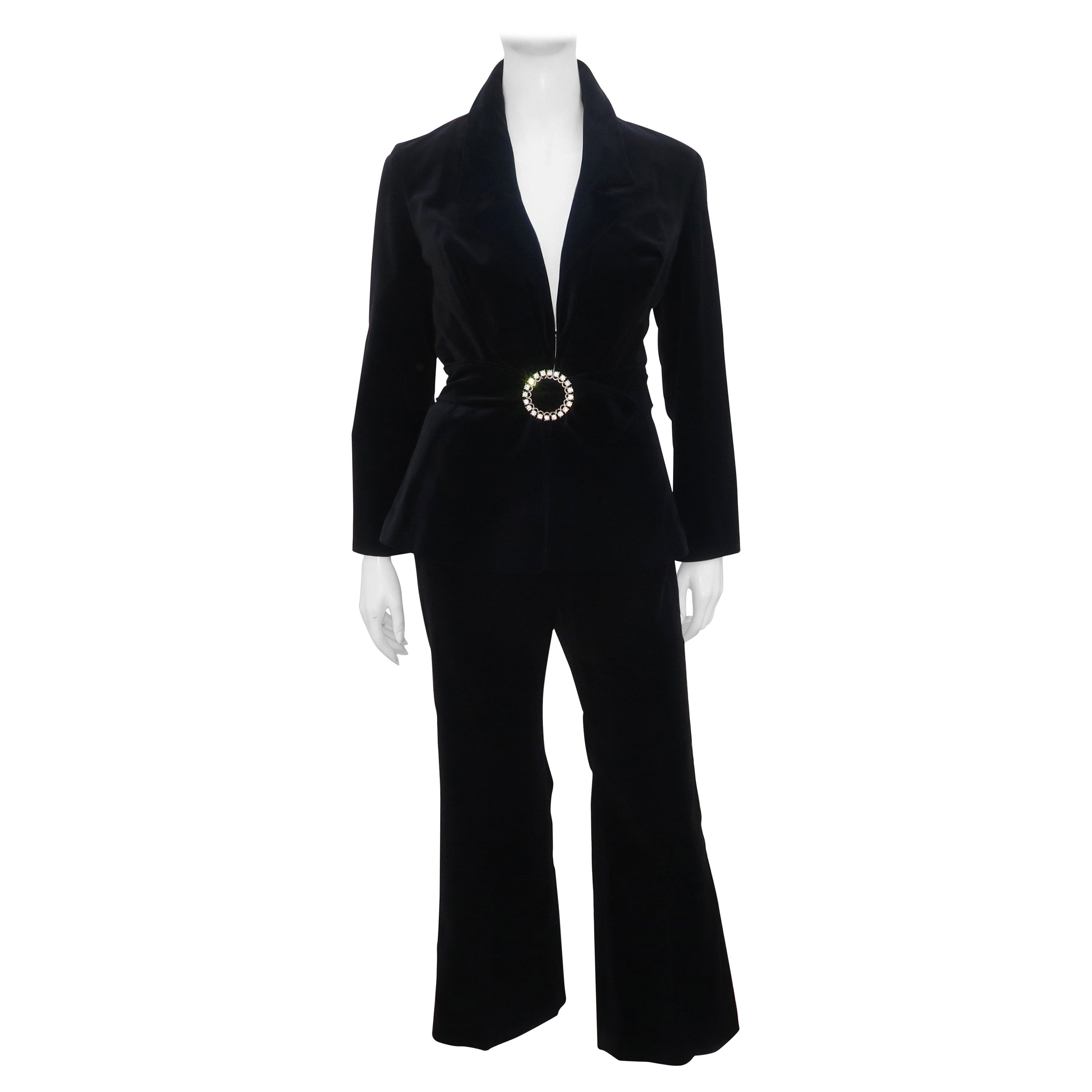 Black Velvet Pant Suit With Rhinestone Belt, C.1970 For Sale