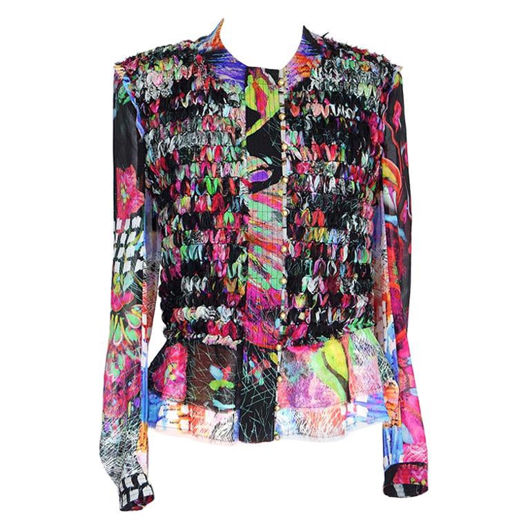 Roberto Cavalli Top Blouse Intricate Ribbon Vivid Colors 44 / 10 fits 8 For Sale