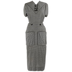 Vintage 1949 S/S JACQUES FATH Black & White Gingham Fan Back Peplum Afternoon Dress