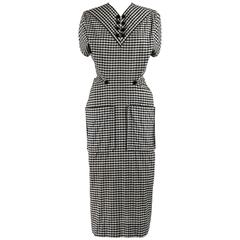 1949 S/S JACQUES FATH Black & White Gingham Fan Back Peplum Afternoon Dress