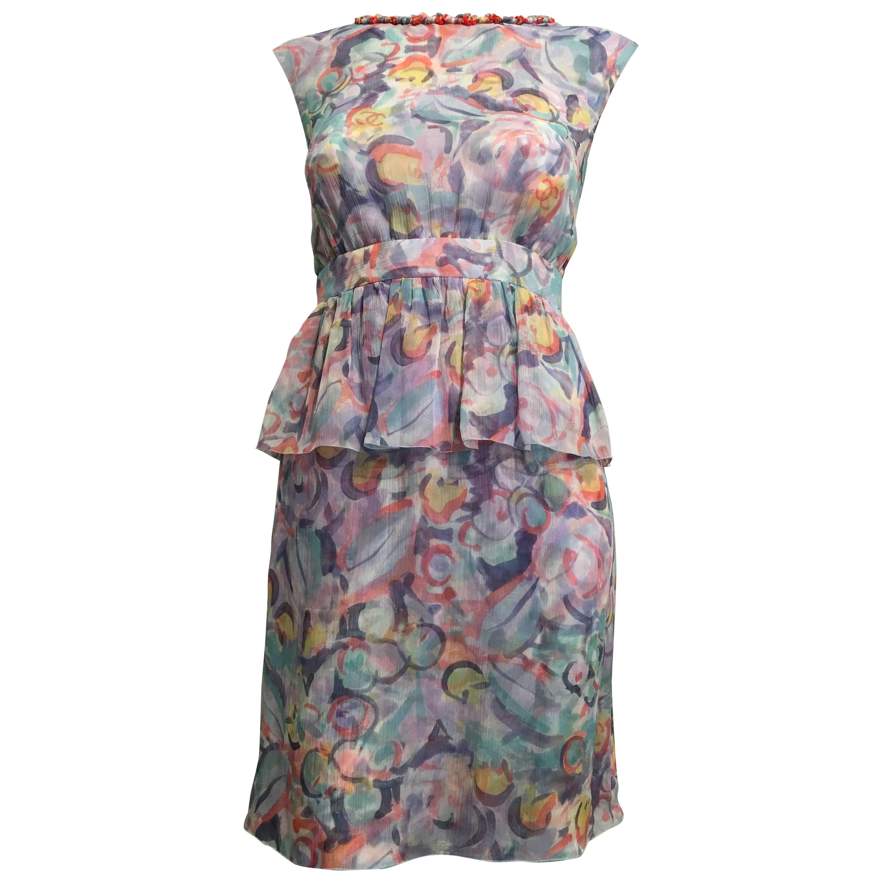 Chanel Pastel Print Silk Peplum Dress size 34(2) For Sale