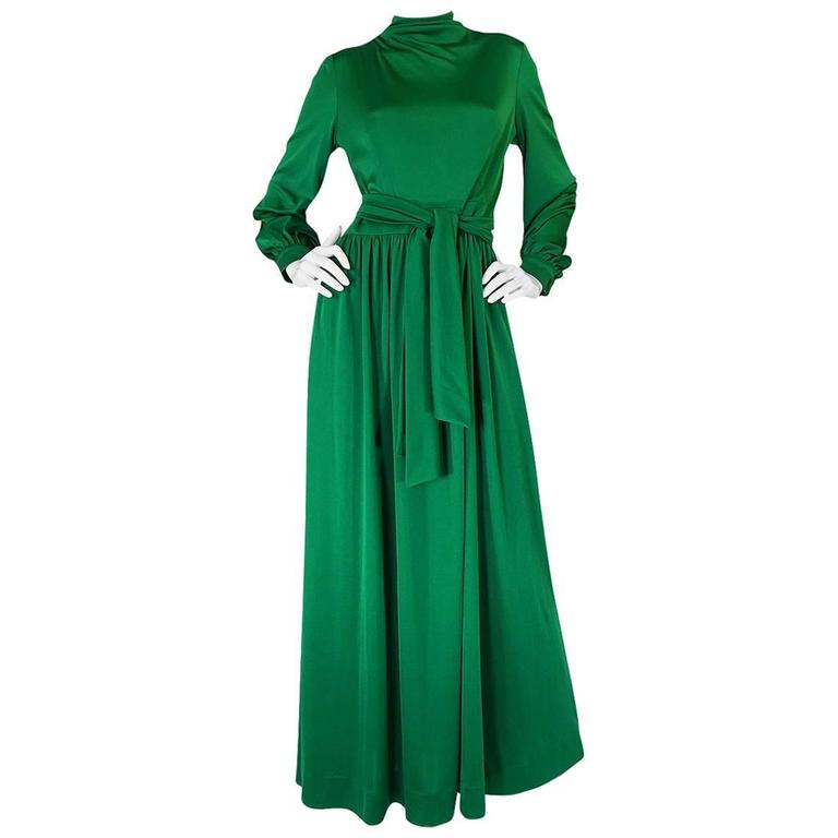 Phenomenal c.1972 La Mendola Hand Beaded Green Printed Caped One Shoulder Silk Jumpsuit