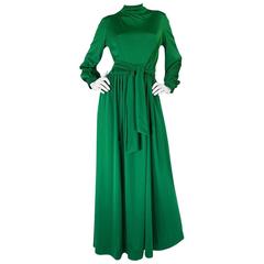 Vintage 1970s Silk Jersey Emerald Green La Mendola Maxi Dress