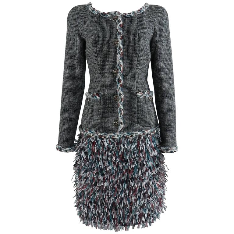 Chanel 13A Edinburg Grey Wool and Ostrich Feather Skirt Suit at 1stDibs
