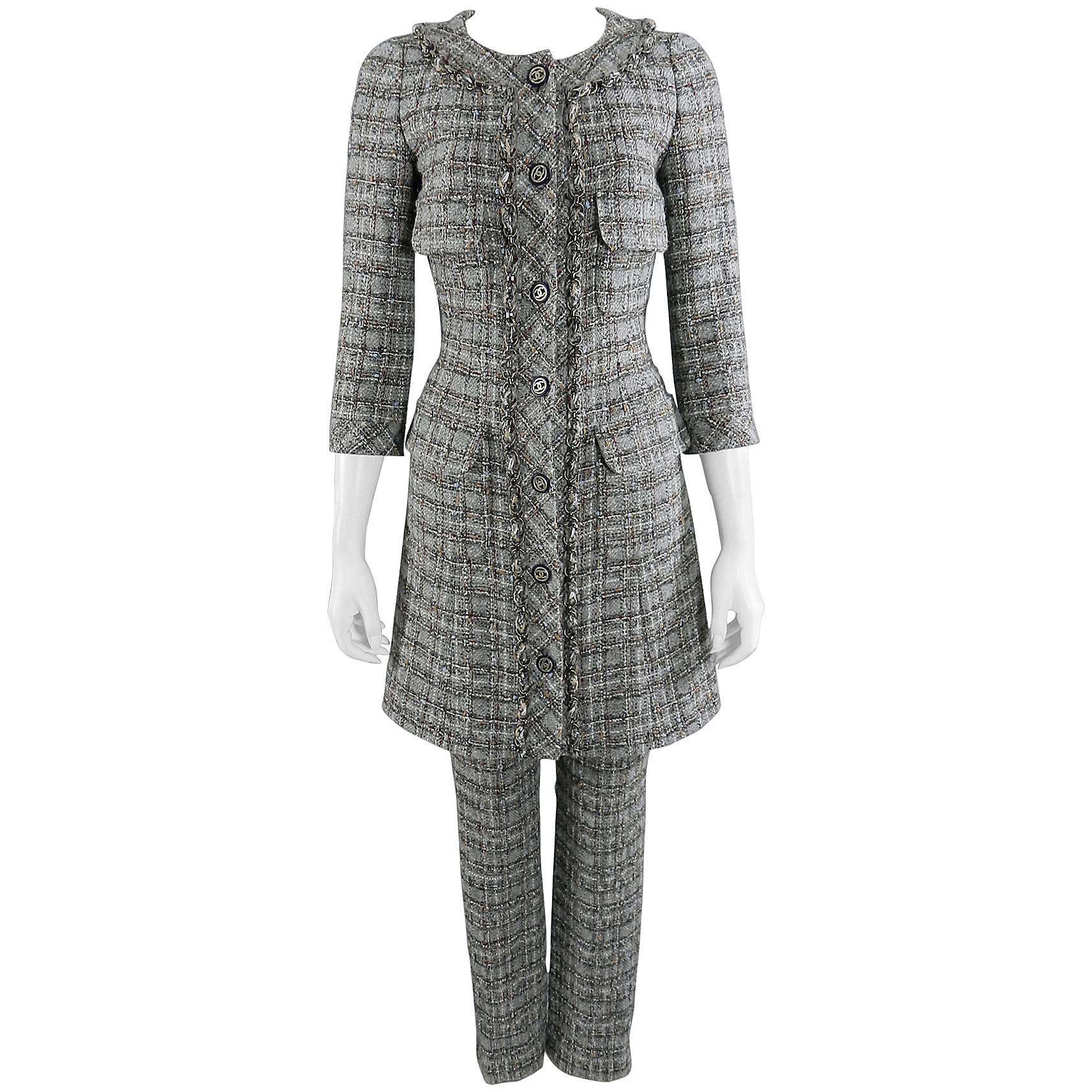Chanel 13B Grey Tweed Dress Coat and Pants Suit