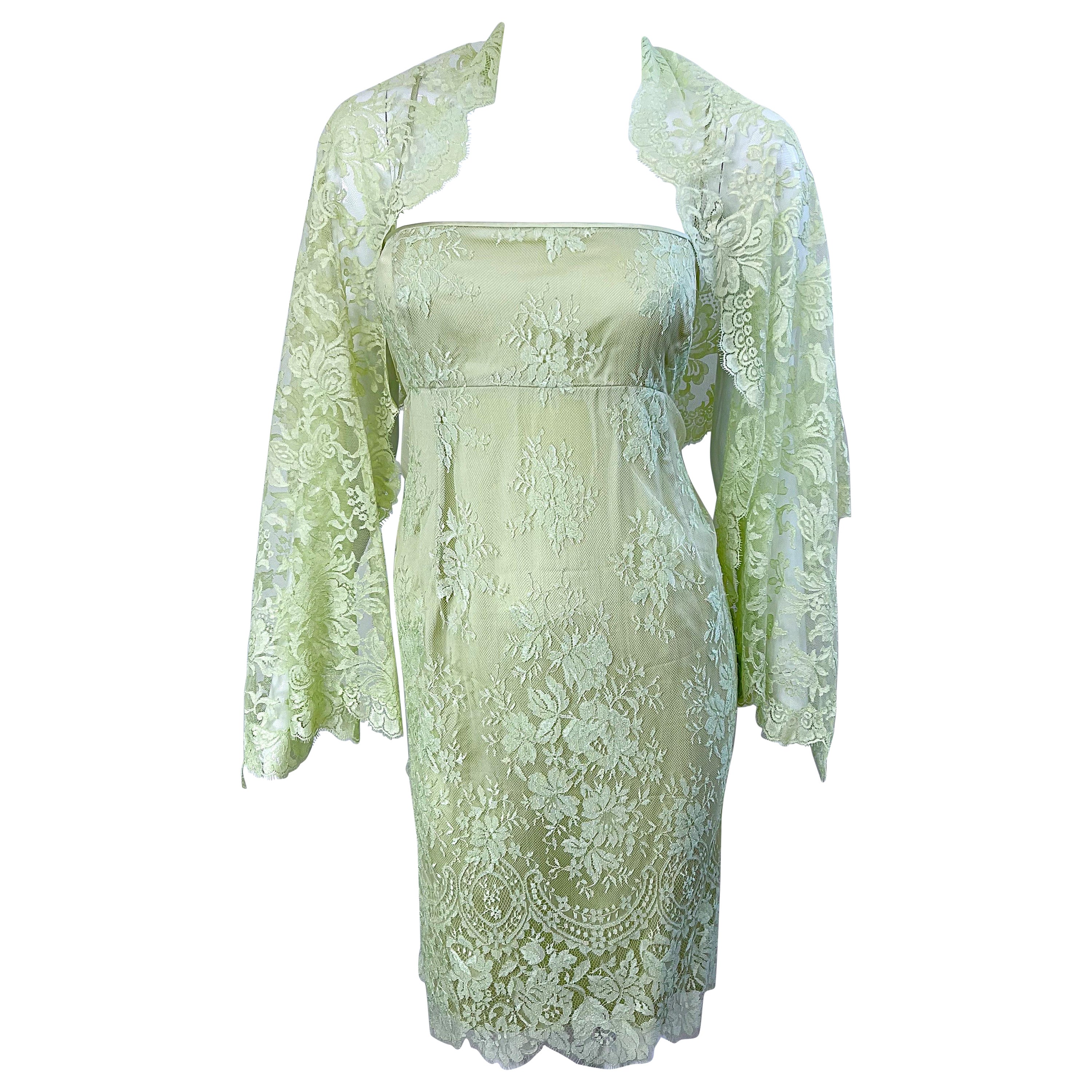 Escada 1990s Size 8 Mint Green Silk Lace Vintage Dress + Shawl Ensemble 90s For Sale
