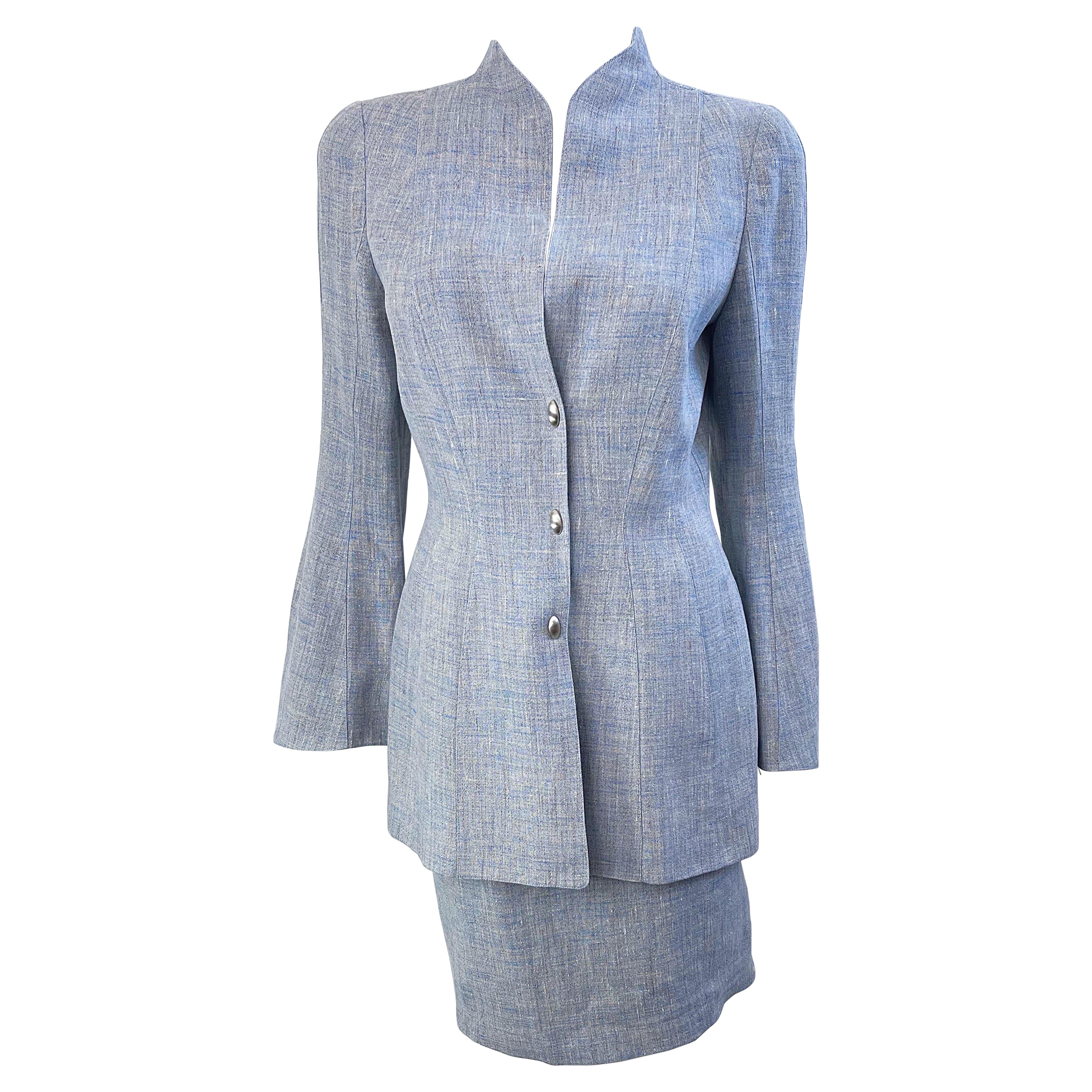 1990s Thierry Mugler Light Blue Linen Size 40 / 6  Vintage 90s Skirt Suit For Sale