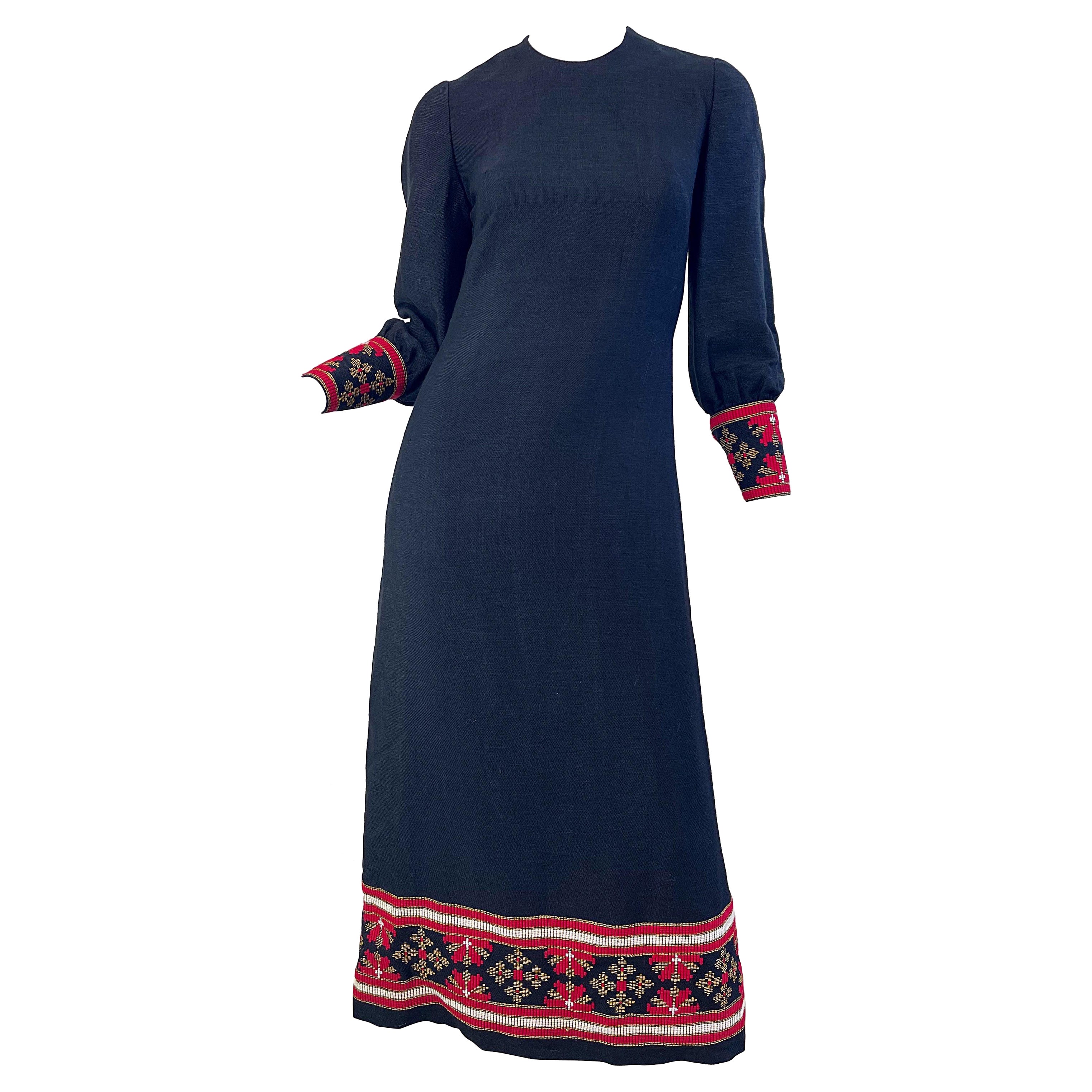 1960s Greek Levantis Athens Black Red Linen Vintage 60s Embroidered Maxi Dress For Sale