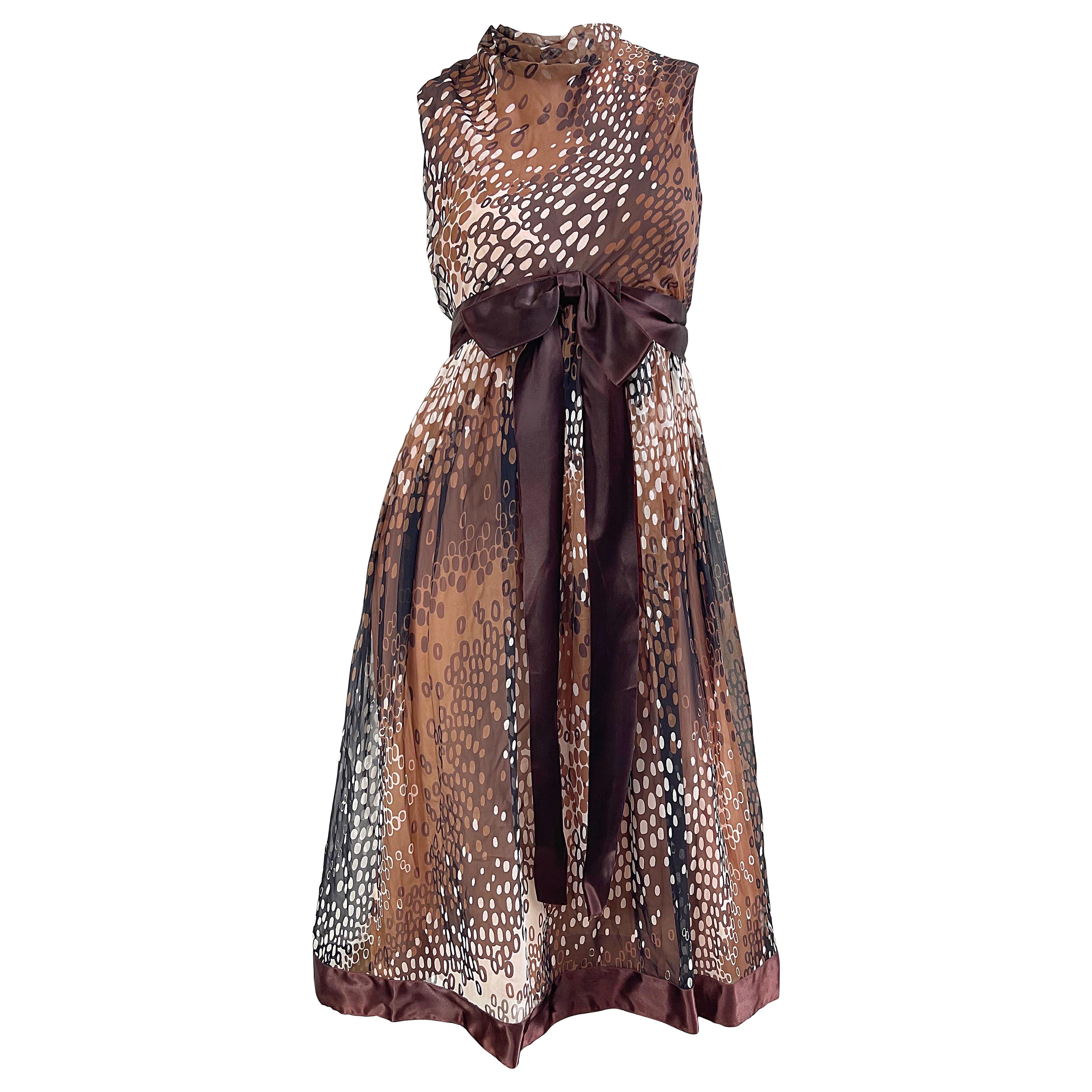 1960s Mollie Parnis Brown Tan Ivory Abstract Polka Dot Silk Chiffon 60s Dress