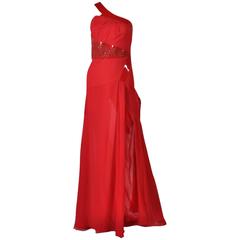 Versace Red Silk Chiffon Gown Dress with Patent Leather 
