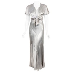 Vintage 1930's Old Hollywood Silver Satin Bias-Cut Gown & Flutter-Sleeve Jacket