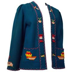 50s Blue Wool Souvenir jacket with Hand Embroidered Scene  