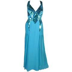 VERSACE Turquoise Silk and Patent Leather Gown 3
