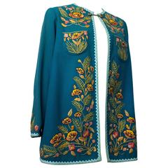 60s Teal Blue Handmade Souvenir Jacket with Floral Embroidery 