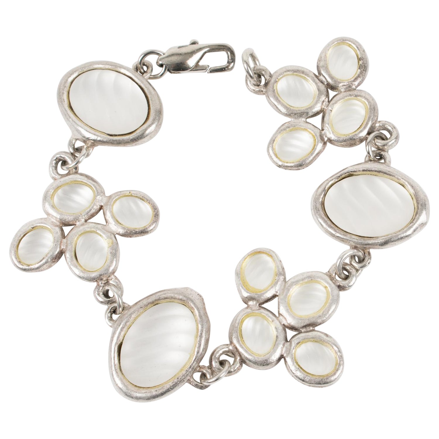 Gres Paris Link Bracelet Silvered Metal with Frosted Glass Cabochons For Sale