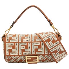 Fendi Brown FF Embroidery Fabric and Leather Baguette Shoulder Bag