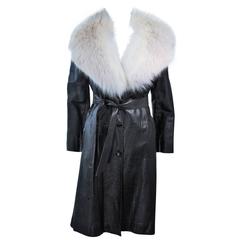 Vintage "FACTORY GIRL" Edie Sedgwick Costume Black Leather White Fox Collar Coat Size 2
