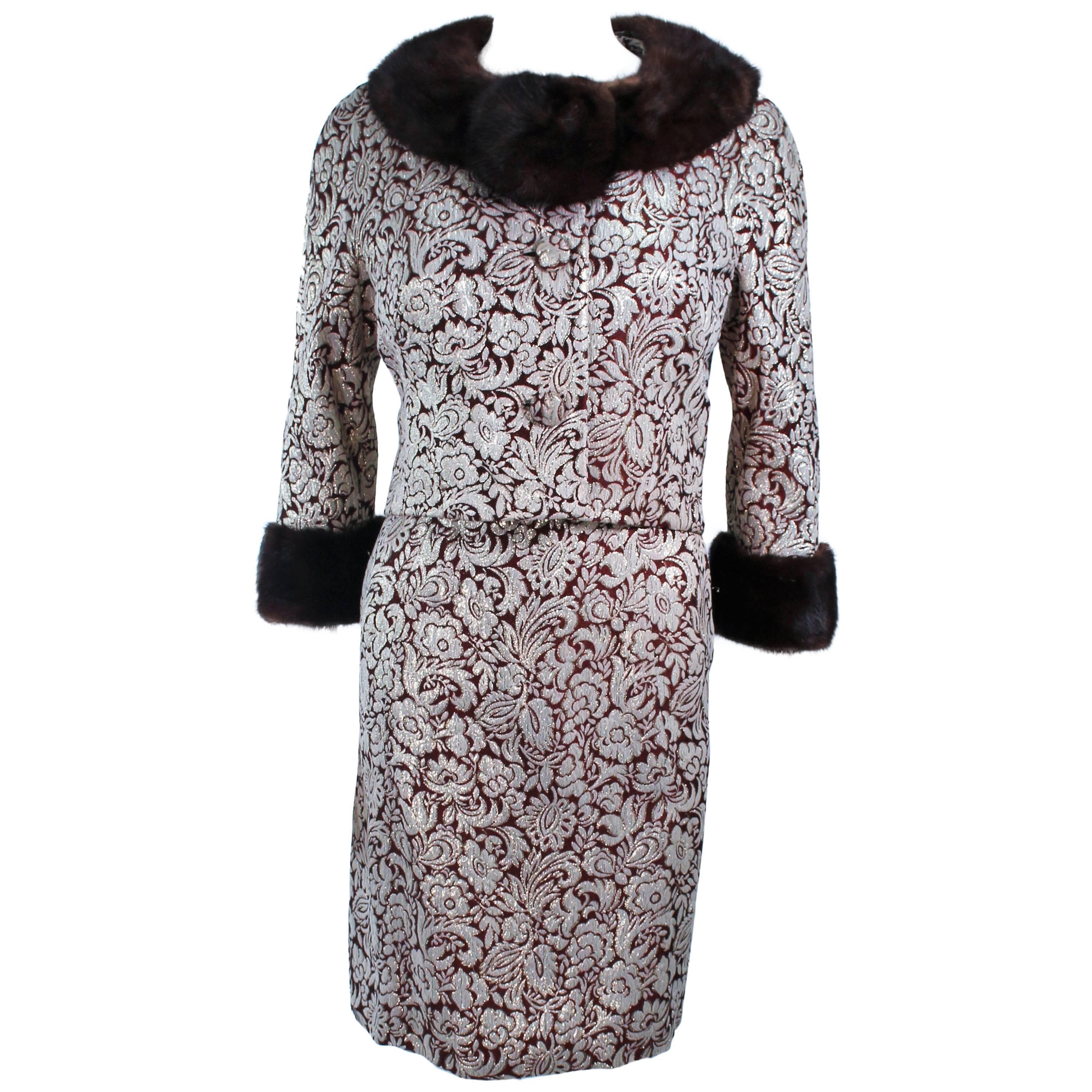 Burgundy Floral Brocade Metallic 1960's Mink Trim Dress Ensemble Size 4 For Sale