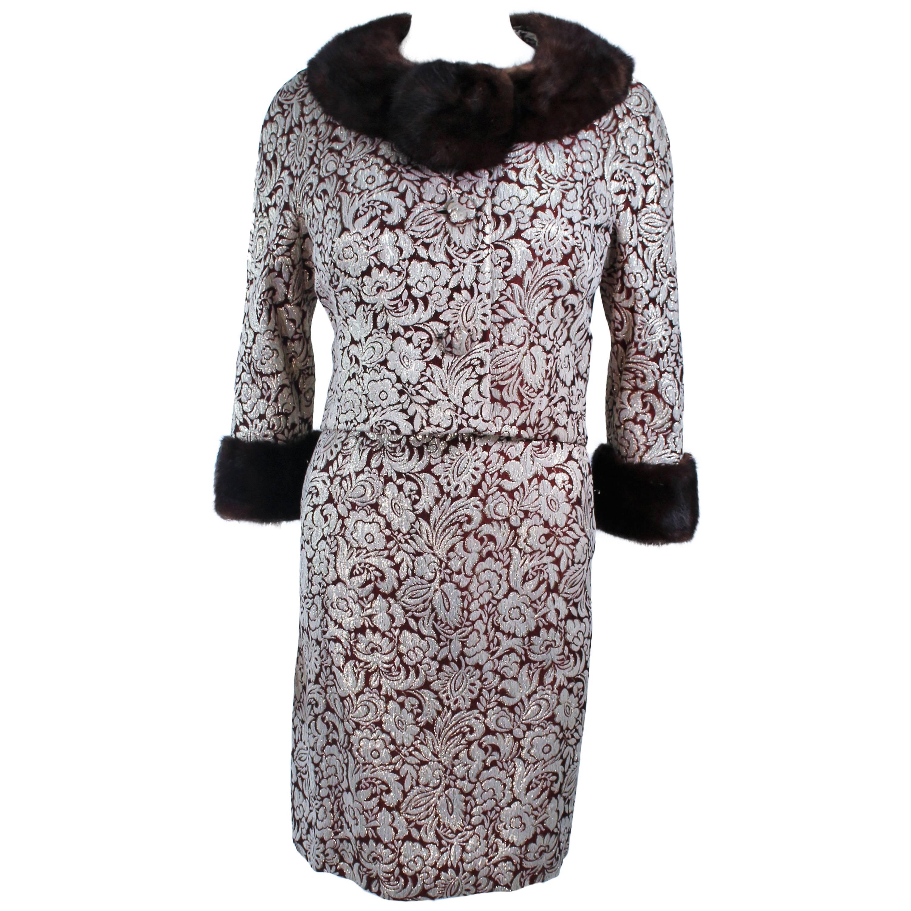 Burgundy Floral Brocade Metallic 1960's Mink Trim Dress Ensemble Size 4 For Sale