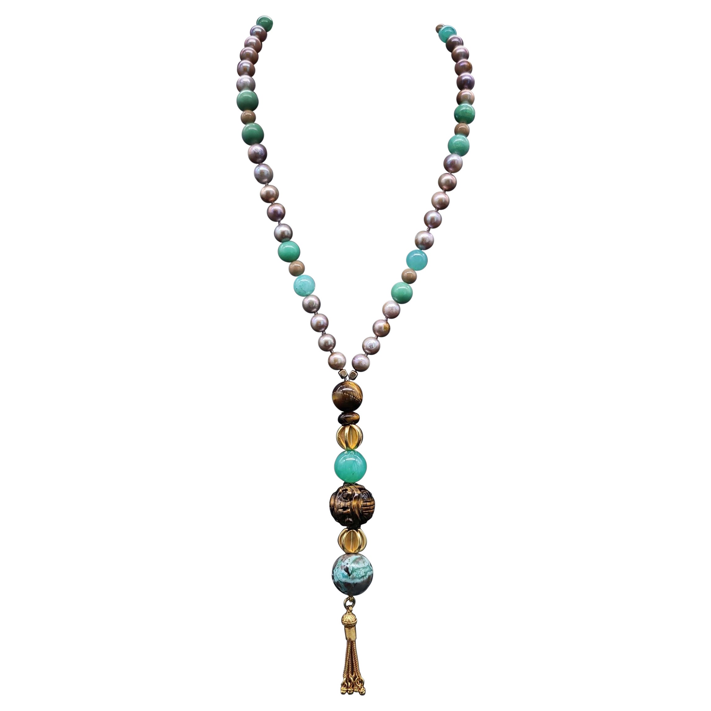 Stilvolle lange Perlen- und Chrysopras-Halskette von A.Jeschel. im Angebot