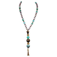 Stilvolle lange Perlen- und Chrysopras-Halskette von A.Jeschel.