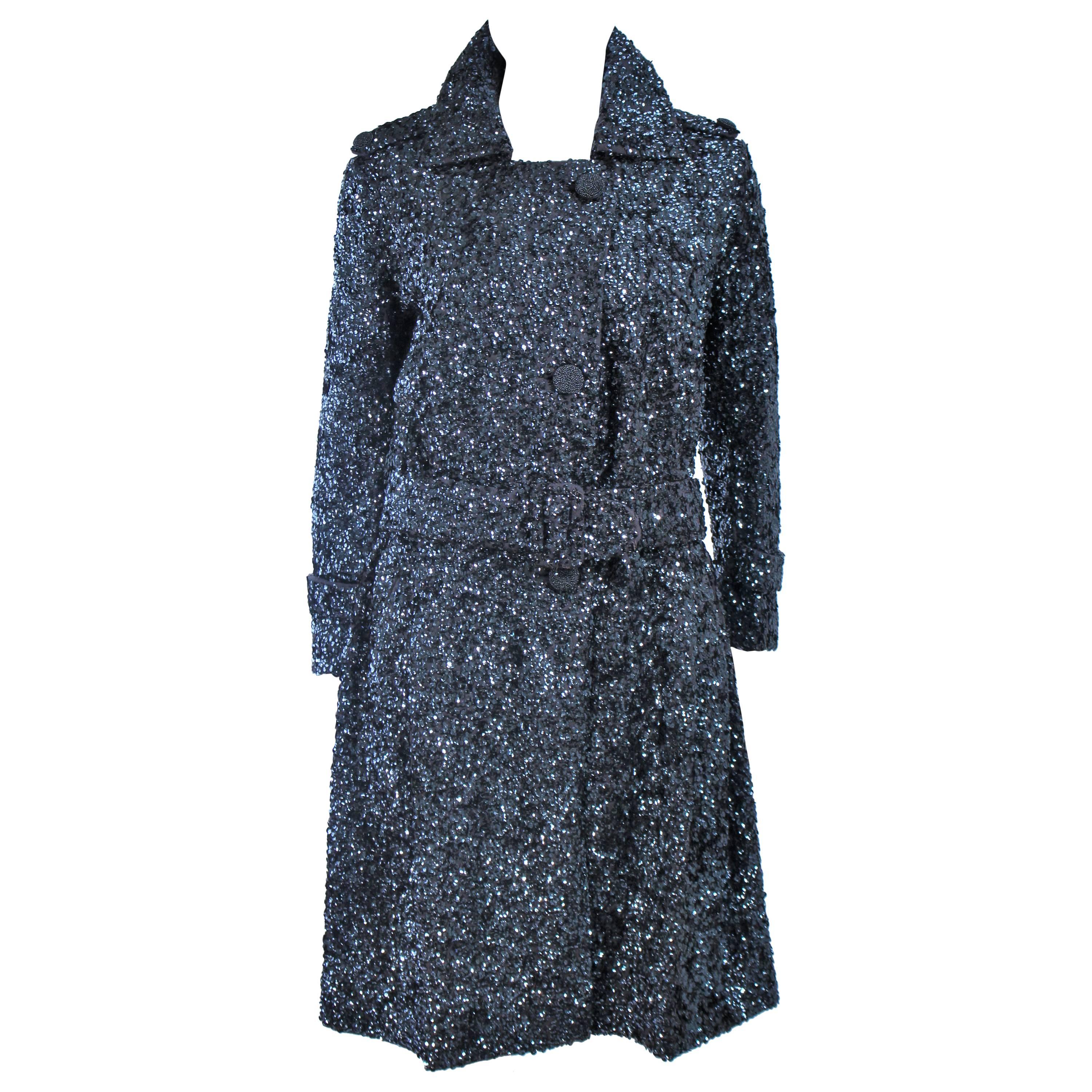 BULLOCKS WILSHIRE Gunmetal Wool Sequin Trench Coat Size 6 For Sale