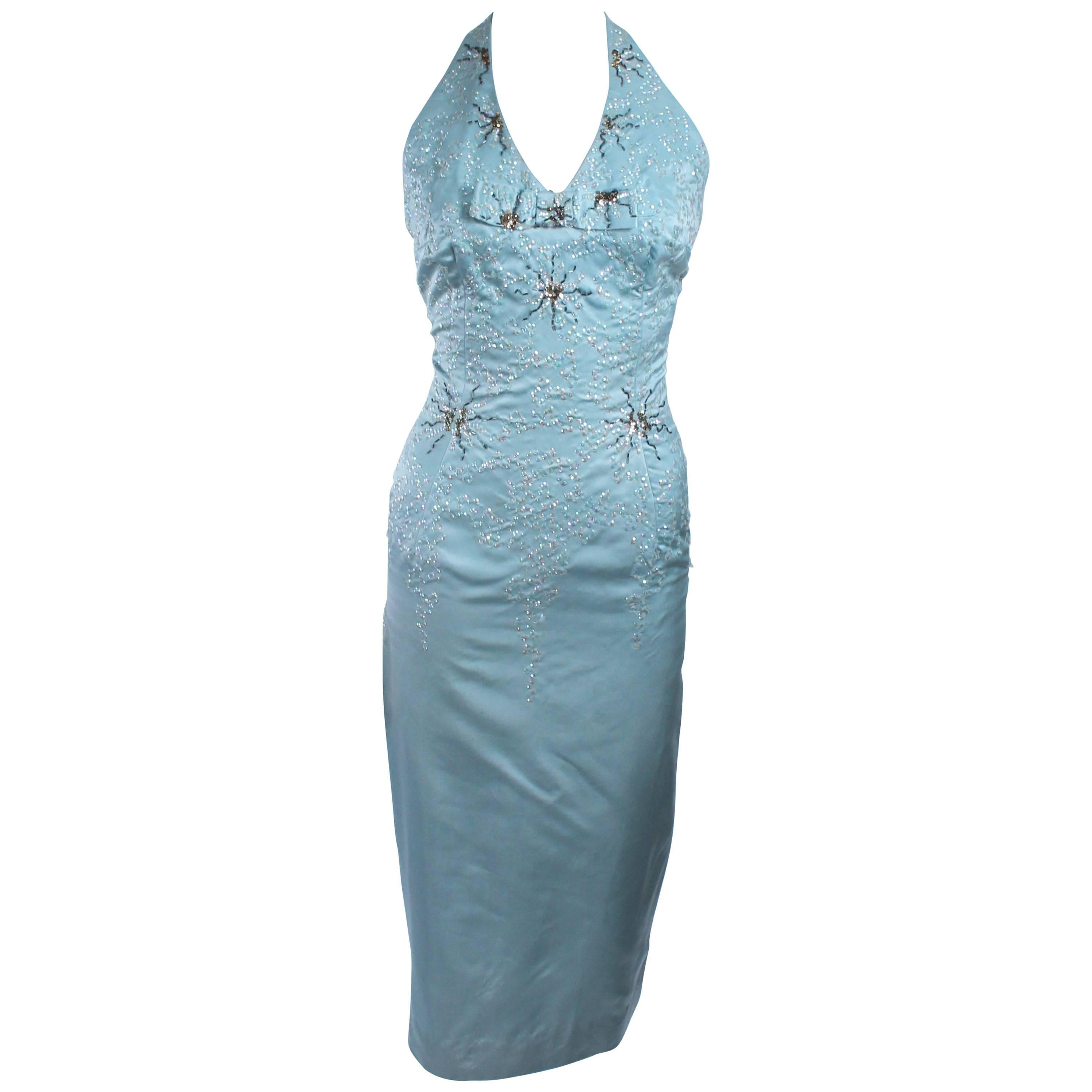 SE'MONT 1960's Silk Aqua Halter with Sequins & Bead Embellishments Size 2 4