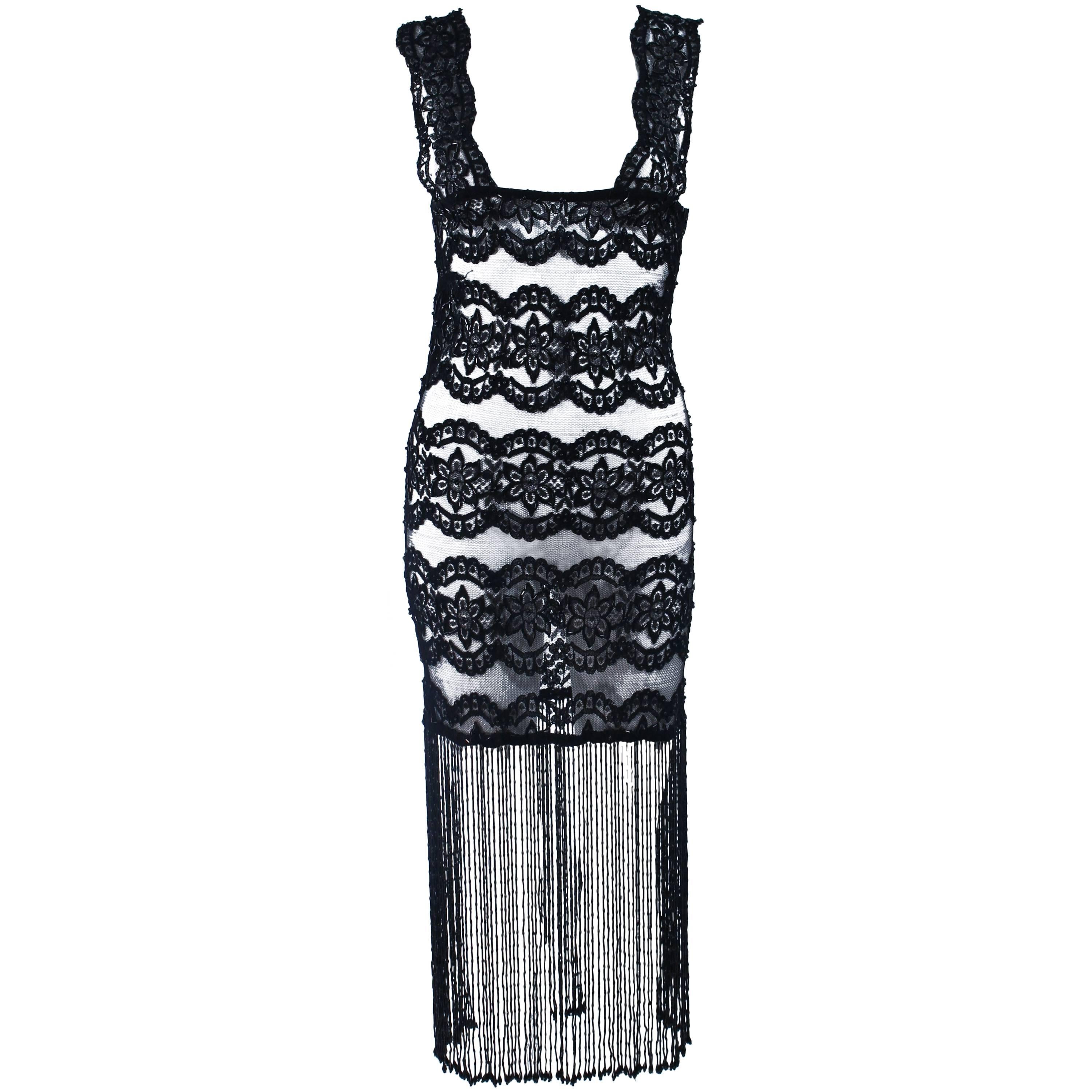 Custom Sheer Stretch Black Lace Dress with Fringe Size 2 4