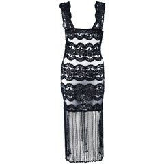Custom Sheer Stretch Black Lace Dress with Fringe Size 2 4