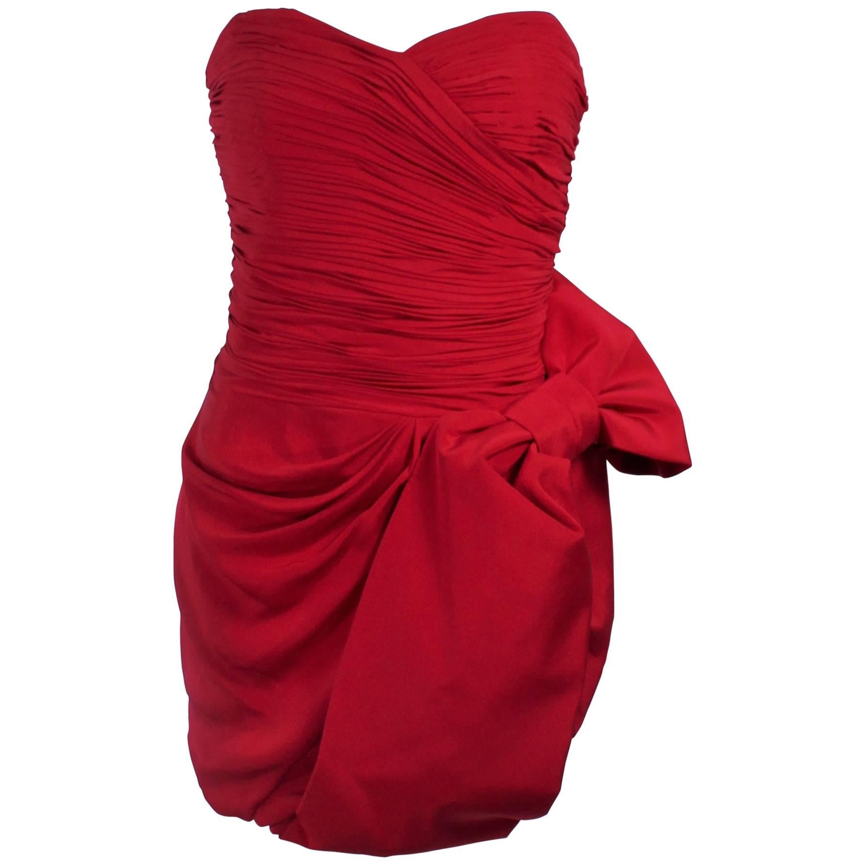 MARCHESA NOTTE Lipstick Red Cocktail Dress with Bow Size 6 For Sale