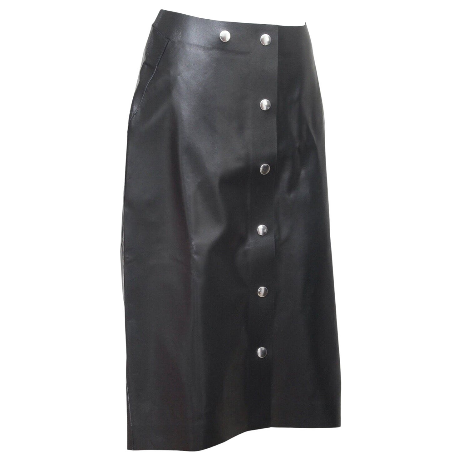 VICTORIA BECKHAM Black Leather Skirt Silver Tone Snaps Mid Length US 4 UK 8 BNWT For Sale