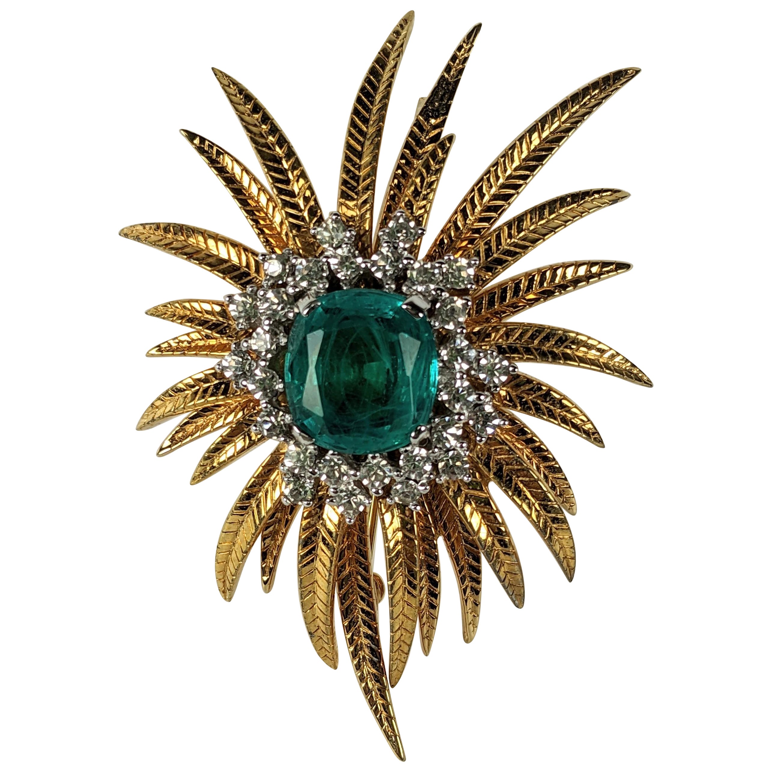 Elegant Faux Emerald and Diamond Plume Brooch For Sale