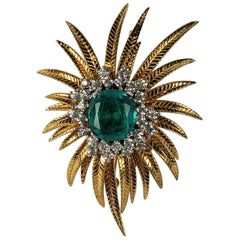 Elegant Faux Emerald and Diamond Plume Brooch