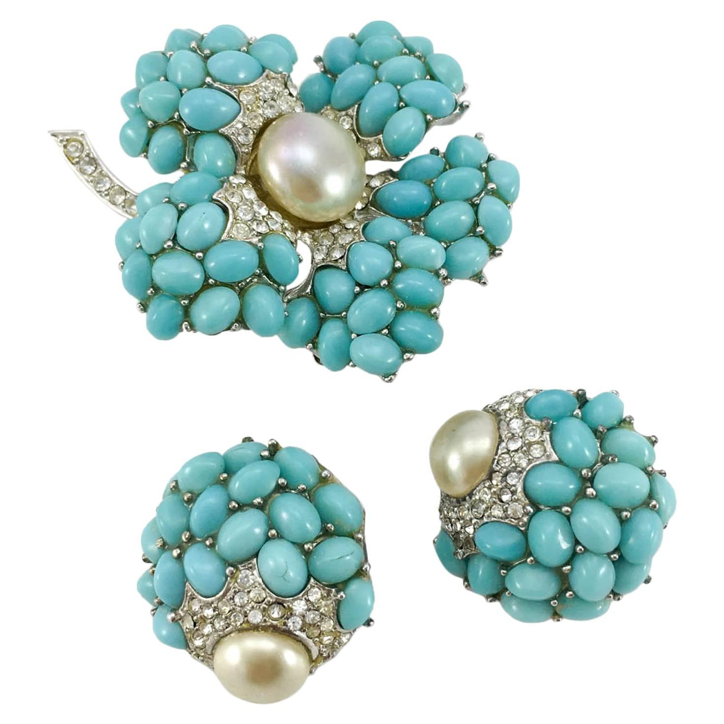 Boucher Faux Turquoise and Pearl Earring and Brooch Set - 1950s