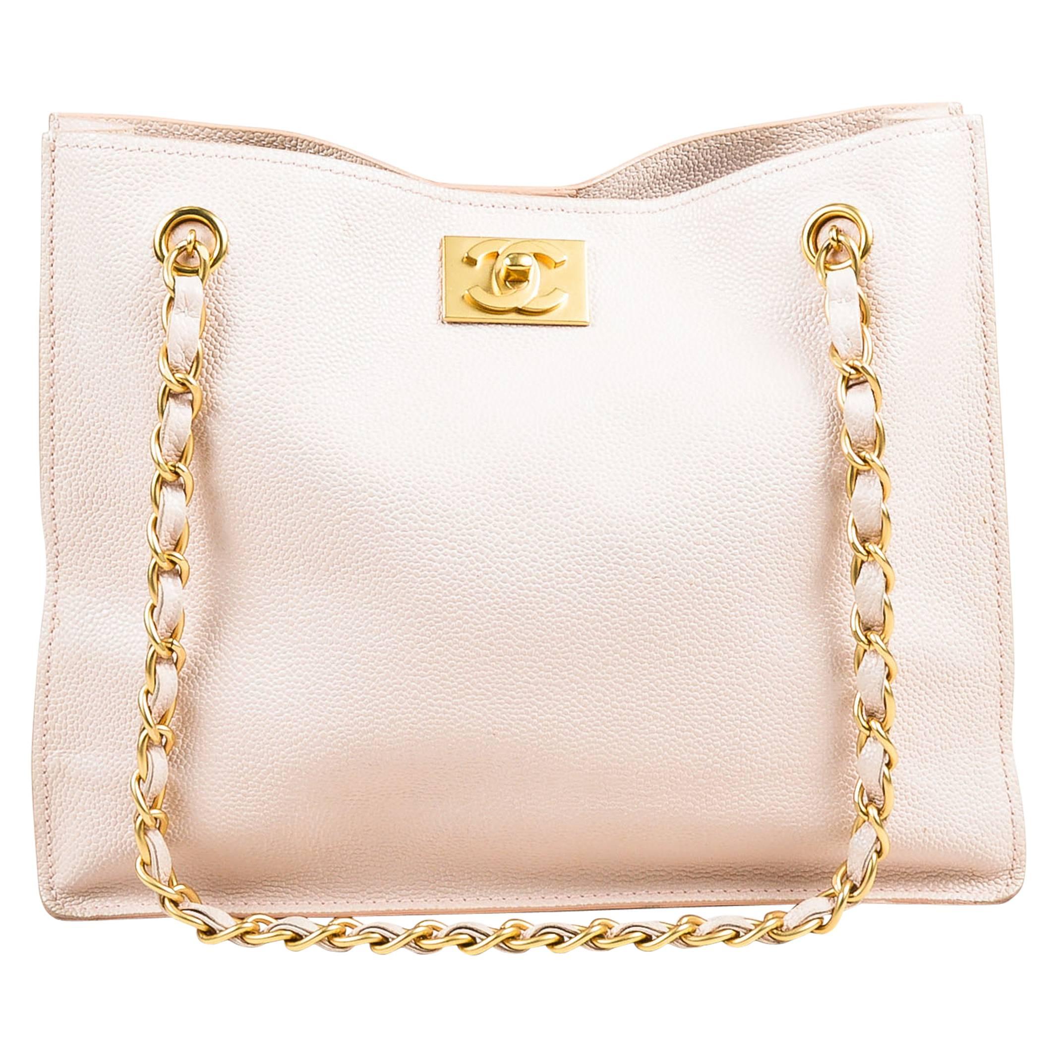 Chanel Blush Pink & Brushed Gold Tone Caviar Leather 'CC' Shopper Tote For Sale