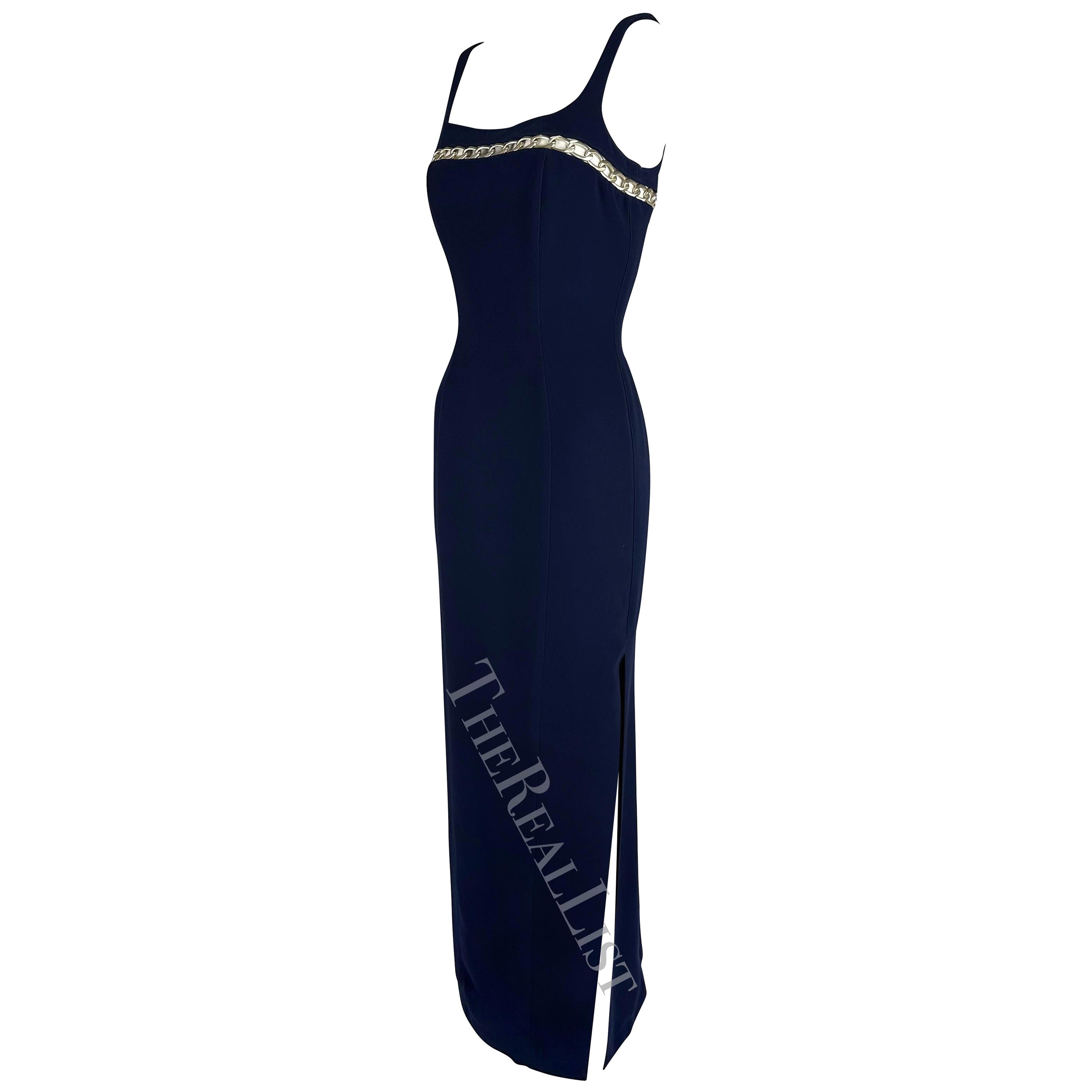 Cruise 1999 Thierry Mugler Navy Silver Chain Cutout Accent Slit Gown For Sale
